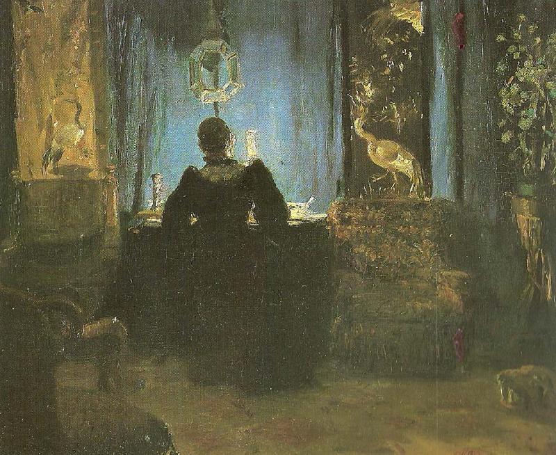 Anna Ancher den vest med bla gardinerre stuefru ancher ved skrivebordet Sweden oil painting art